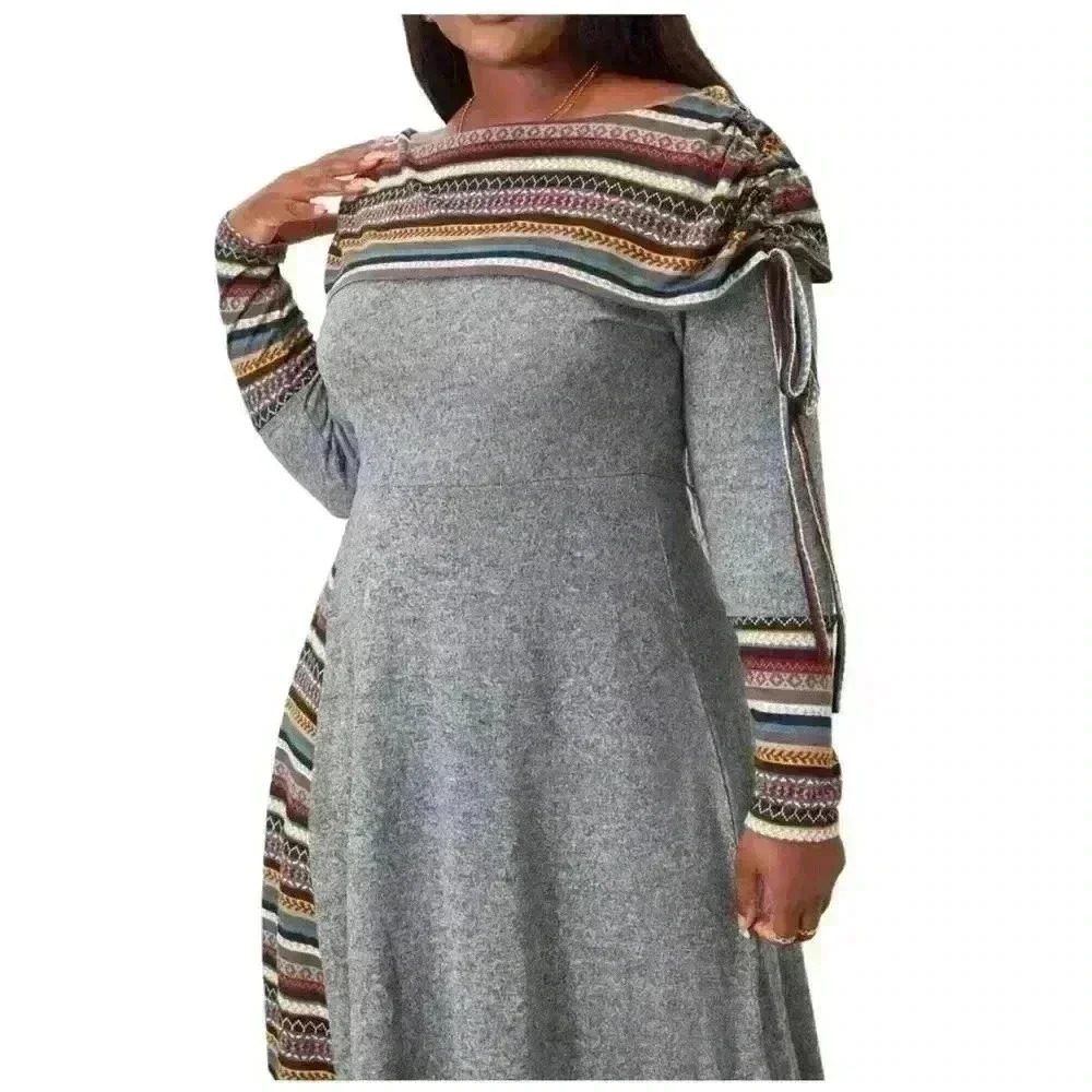 Boho Dress Women's Boat Neck Drawstring Ruched Long Sleeve Geometric size M - Picture 2 of 13